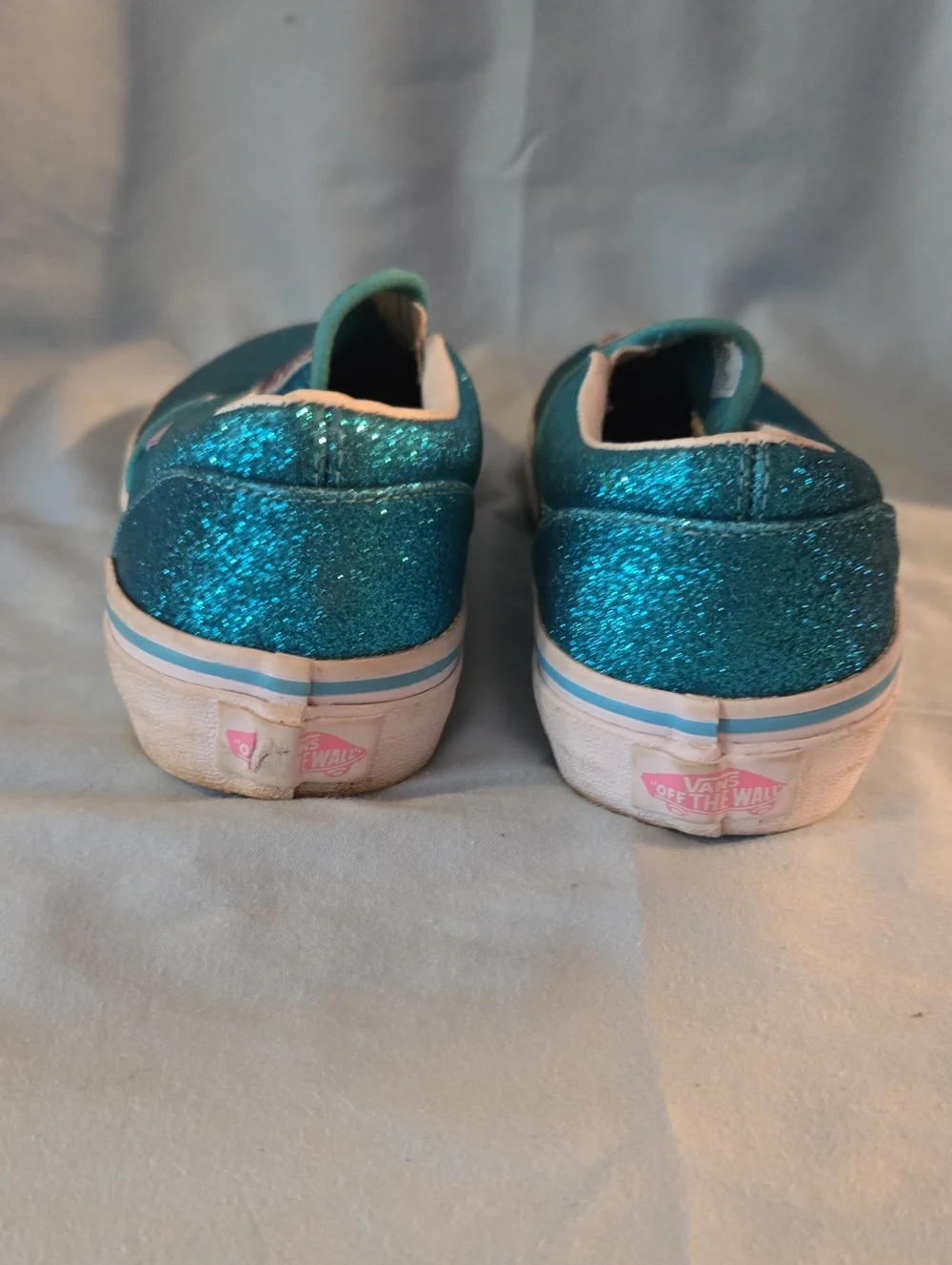 Vans Teal Glitter Slip-On Sneakers with Pink Shell Appliqués